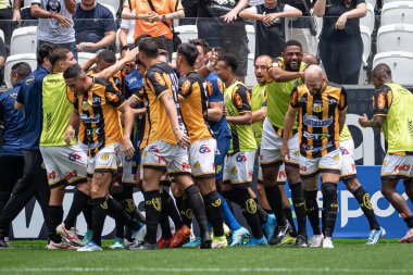 Sao Paulo (SP), Brezilya 04 / 02 / 2024 - Jenison, So Paulo 'nun doğu bölgesindeki Neo Quimica Arena' da düzenlenen Campeonato Paulista 2024 'ün beşinci turu için geçerli olan Corinthians ve Novorizontino arasında oynanan karşılaşmada golünü kutluyor.