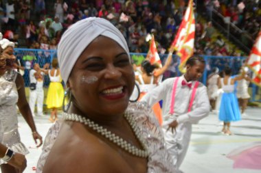 2 Şubat 2024 Pazar günü Brezilya 'nın Rio de Janeiro şehrinin merkezindeki Marques de Sapucai' de düzenlenen Viradouro samba okulunun teknik provası. 