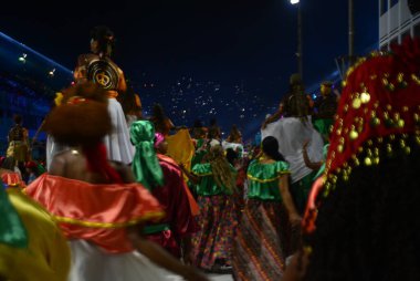 4 Şubat 2024 Pazar günü Brezilya 'nın Rio de Janeiro şehrinin merkezindeki Marques de Sapucai' de düzenlenen Imperatriz Leopoldinense samba okulunun teknik provası.