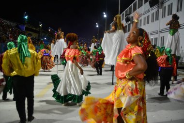 4 Şubat 2024 Pazar günü Brezilya 'nın Rio de Janeiro şehrinin merkezindeki Marques de Sapucai' de düzenlenen Imperatriz Leopoldinense samba okulunun teknik provası.