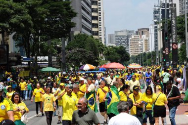 Sao Paulo (SP), Brezilya 02 / 25 / 2024 - protestocular, Brezilya eski Cumhurbaşkanı Jair Bolsonaro 'nun 25 Şubat 2024 Pazar günü öğleden sonra yaptığı bir etkinlik için Avenida Paulista' ya geldiler. 