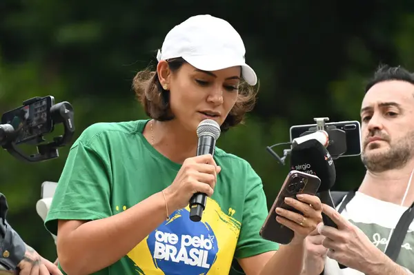 Sao Paulo Brasilien 2024 Före Detta Presidentfru Michelle Bolsonaro Demonstration — Stockfoto