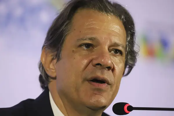 São Paulo Brasilien 2024 Brasiliens Finansminister Fernando Haddad Håller Presskonferens — Stockfoto