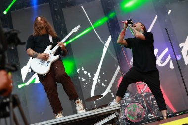 Sao Paulo (SP), Brezilya 03 / 02 / 2024 - Fresno 'nun solisti Lucas Silveira' nın I Wanna Be Tour festivalinin solisti The used with special katılımıyla bu Cumartesi, 2 Mart 2024, Allianz Parque Stadyumu 'nda