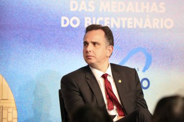 Brasilia (DF), Brezilya 03 / 05 / 2024 - Federal Senato Başkanı Rodrigo Pacheco, 200. yıl senatosu madalyalarının sunumu sırasında; bu 5 Mart 2024 günü öğleden sonra