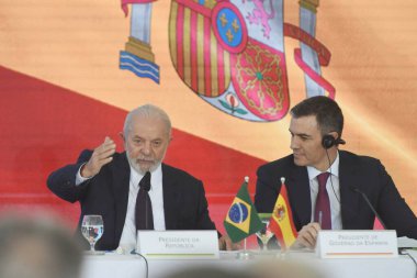 Brasilia (DF), Brezilya 03 / 06 / 2024 - Brezilya Cumhuriyeti Başkanı Luis Inacio Lula da Silva, İspanya Hükümeti Başkanı Pedro Sanches 'i Palacio do Planalto' ya resmi bir ziyarette bulundu
