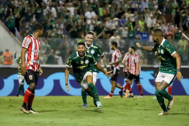 Barueri (SP), BRAZIL - 03 / 09 / 2024: Palmeiras oyuncusu Rony, Palmeiras ve Botafogo arasında oynanan ve Arena Baruer 'de düzenlenen 2024 Paulista Futbol Şampiyonası' nın 12. turu için geçerli olan maçta golünü atıyor ve kutluyor.