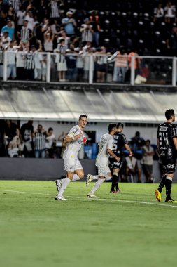 Santos (SP), BRAZIL - 03 / 09 / 2024 - Oyuncu Julio Furch, Palmeiras ile Botafogo arasında oynanan ve Santos kenti Vila Belmiro kentinde düzenlenen 2024 Paulista Futbol Şampiyonası için geçerli olan maçta golünü kutluyor.