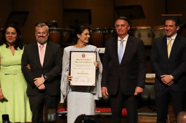Sao Paulo (SP), Brezilya 03 / 25 / 2024 - Eski Brezilya cumhurbaşkanı Jair Messias Bolsonaro, Sao Paulo Belediye Meclisi 'nin bu Pazartesi günü düzenlediği bir etkinlikte eşi Michelle Bolsonaro' nun anısına konuşuyor)