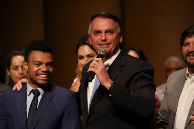 Sao Paulo (SP), Brezilya 03 / 25 / 2024 - Eski Brezilya cumhurbaşkanı Jair Messias Bolsonaro, Sao Paulo Belediye Meclisi 'nin bu Pazartesi günü düzenlediği bir etkinlikte eşi Michelle Bolsonaro' nun anısına konuşuyor)