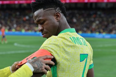 MADRID (ES) 03 / 26 / 2024 - Oyuncu Vinicius Junior, İspanya ile Brezilya arasında oynanan ve Madrid 'deki Santiago Bernabeu Stadyumu' nda düzenlenen milli takımların dostları için geçerli olan maçta