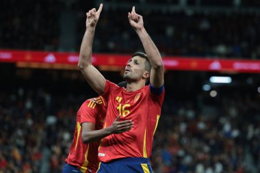 MADRID (ES) 03 / 26 / 2024 - İspanyol oyuncu Rodri, İspanya ile Brezilya arasında oynanan ve Santiago Bernabeu Stadyumu 'nda oynanan milli takımların Dostları maçında golünü kutladı