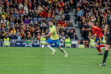 MADRID (ES) 03 / 26 / 2024 - Oyuncu Lucas Paqueta, İspanya ile Brezilya arasında oynanan ve Madrid 'deki Santiago Bernabeu Stadyumu' nda düzenlenen milli takımların dostları için geçerli olan maçta
