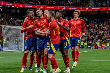 MADRID (ES) 03 / 26 / 2024 - Rodri, Madrid 'deki Santiago Bernabeu stadyumunda oynanan İspanya ve Brezilya' nın Dostları maçında golünü kutluyor.