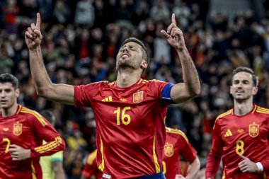 MADRID (ES) 03 / 26 / 2024 - Rodri, Madrid 'deki Santiago Bernabeu stadyumunda oynanan İspanya ve Brezilya' nın Dostları maçında golünü kutluyor.