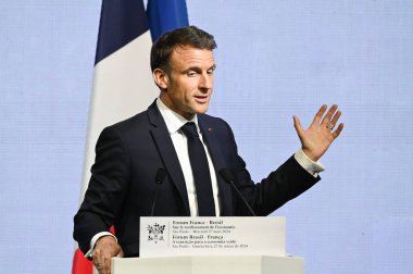 Sao Paulo (SP), Brezilya 03 / 28 / 2024 Emmanuel Macron Başkanı Fransa 8. Brezilya Fransa Ekonomik Forumu sırasında bu Çarşamba Sao Paulo 'daki Avenida Paulista' daki Fiesp genel merkezinde konuştu. 