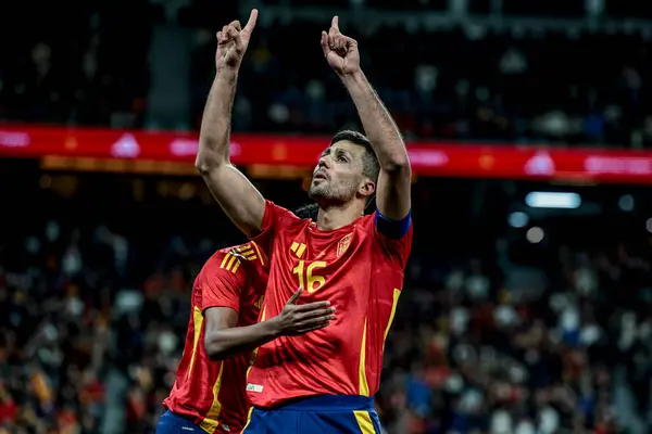 stock image MADRID (ES) 03/26/2024 - Rodri celebrates his goal, during a match between Spain and Brazil, valid for the Friendlies of the teams, held at the Santiago Bernabeu stadium, in the city of Madrid