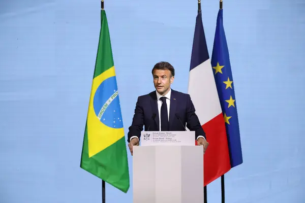 São Paulo Brasil 2024 Presidente França Emmanuel Macron Participa Fórum — Fotografia de Stock