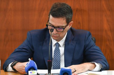 Sao Paulo (SP), Brezilya 03 / 28 / 2024 - Roberto Campos Neto Merkez Bankası Başkanı ve Diogo Guillen Ekonomi Politikası Müdürü, 2024 Enflasyon Raporunu sunmak üzere düzenlediği basın toplantısında