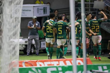 Sao Paulo (SP), 04 / 07 / 2024 - Raphael Veiga golünü atıyor ve golünü Palmeiras ile Santos arasında oynanan ve Allianz Parque 'da düzenlenen 2024 Paulista Futbol Şampiyonası finalinin ikinci ayağı için geçerli olan maçta kutluyor.