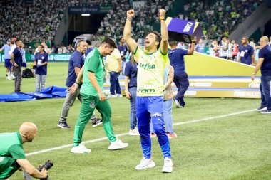 Sao Paulo (SP), 04 / 07 / 2024 - Abel Ferreira, Palmeiras ile Santos arasındaki maçtan sonra Palmeiras 'ın unvanını kutluyor.