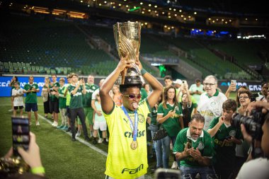 Sao Paulo (SP), Brezilya 04 / 7 / 2024 - Endrick, Palmeiras ve Santos arasında oynanan ve Sao Paulo 'daki Allianz Parque' da düzenlenen 2024 Paulista Futbol Şampiyonası finalinin ikinci ayağı için geçerli olan maçı kutluyor. 