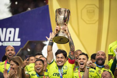 Sao Paulo (SP), Brezilya 04 / 7 / 2024 - Oyuncular, Sao Paulo 'daki Allianz Parque' da düzenlenen 2024 Paulista Futbol Şampiyonası 'nın ikinci ayağı için geçerli olan Palmeiras ve Santos arasındaki maçın ardından kutlama yaptılar. 