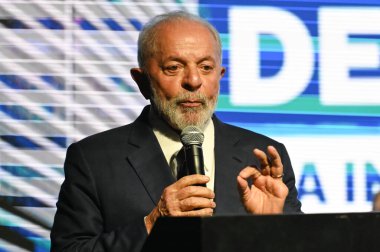 Sao Paulo (SP), Brezilya 04 / 12 / 2024 - Luiz Inacio Lula da Silva (PT) Brezilya Cumhurbaşkanı, (ANFAVEA) Motorlu Araç İmalat Ulusal Derneği 'nin yeni genel merkezinin açılış töreninde