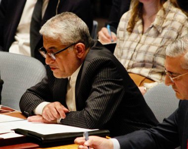 Security Council Meeting:The situation in the Middle East. April 14, 2024, United Nations, New York, USA: Saeed Iravani, Permanent Mission of the Islamic Republic of Iran to the United Nations speaks during an emergency Security Council Meeting clipart