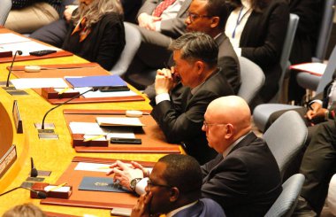 Güvenlik Konseyi Toplantısı: Ortadoğu 'daki durum. 14 Nisan 2024, Birleşmiş Milletler, New York, ABD: Acil Güvenlik Konseyi Toplantısı: İsrail ile İran arasındaki gerginliğin tırmanması nedeniyle Ortadoğu 'daki durum 