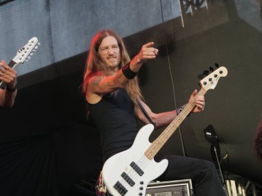 SAO PAULO, Brezilya 04 / 28 / 2024 - Death Angel grubu Sao Paulo 'nun batı tarafındaki Memorial da America Latina' da düzenlenen Yaz Esintisi Festivali 'nin son gününde sahne alıyor..