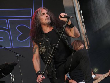 SAO PAULO, Brezilya 04 / 28 / 2024 - Death Angel grubu Sao Paulo 'nun batı tarafındaki Memorial da America Latina' da düzenlenen Yaz Esintisi Festivali 'nin son gününde sahne alıyor..