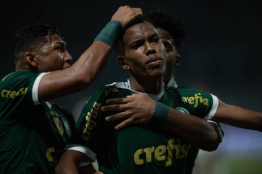 Sao Paulo (SP), Brezilya 05 / 02 / 2024 - Estevao, Palmeiras ile Botafogo-SP arasında oynanan ve 2024 Brezilya Futbol Kupası 'nın üçüncü etabı için geçerli olan maçta golünü kutluyor.