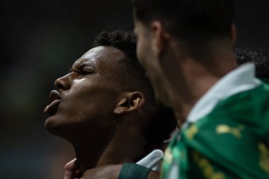 Sao Paulo (SP), Brezilya 05 / 02 / 2024 - Estevao, Palmeiras ile Botafogo-SP arasında oynanan ve 2024 Brezilya Futbol Kupası 'nın üçüncü etabı için geçerli olan maçta golünü kutluyor.