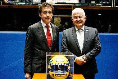 Brasilia 10 / 05 / 2024 Senatör Marcos Pontes (SP), Ewerton Fulini, Ayrton Senna Enstitüsü başkan yardımcısı ve sözcüsü ve Ayrton Senna 'nın kardeşi Leonardo Senna, oturum sırasında