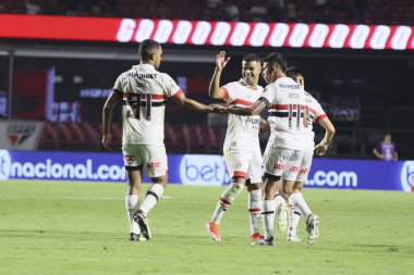 Sao Paulo (SP), 05 / 13 / 2024 - Sao Paulo oyuncusu Damian Bobadilla, Morumbis 'te Brasileirao' nun altıncı turu için geçerli olan Fluminense maçında golünü attı ve kutladı..