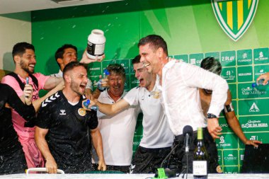 Tondela (PT), 12/05/2024: Tiago Miguel CD Nacional coach and players celebrate access to the first league after between CD Tondela x CD Nacional, valid for the 33rd round of the LIGA PORTUGAL SABSEG.  clipart