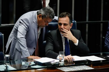 Brasilia (DF), 05/15/2024: Senator Flavio Bolsonaro (c) of (PL-RJ) in Ordinary Deliberative Session in the Plenary of the Federal Senate in Brasilia, Presided by the President, Senator Rodrigo Pacheco (PSD-MG). clipart