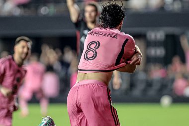 Fort Laurent, Florida (USA), Leonardo Campana of Inter Miami scores and celebrates his goal, in a match between Inter Miami against Dc United valid for MLS, in the 14th round at Chase Stadium clipart