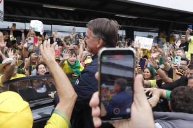 PASSO FUNDO (RS), Brazil 03/05/2024 - Former president Jair Bolsonaro arrives in the city and is received by supporters this Tuesday (05). Then, Bolsonaro headed to Nao-me-Toque/RS to visit Expodireto