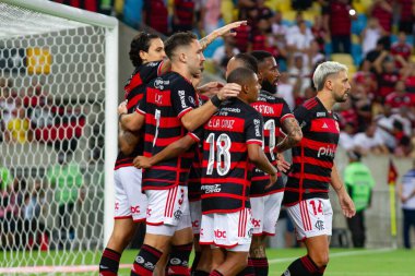 Rio de Janeiro (RJ), 28 / 05 / 2024 Pedro do Flamengo 'nun golünün kutlaması - Flamengo x Millonarios arasındaki maç, grup aşamaları için geçerli. Libertadores da America 2024, Mario Filho Stadyumu 'nda yapıldı.