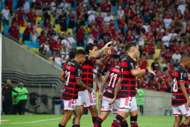 Rio de Janeiro (RJ), 28 / 05 / 2024 Pedro do Flamengo 'nun golünün kutlaması - Flamengo x Millonarios arasındaki maç, grup aşamaları için geçerli. Libertadores da America 2024, Mario Filho Stadyumu 'nda yapıldı.