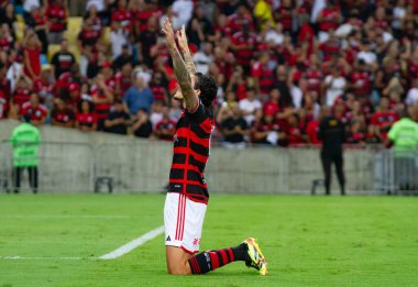 Rio de Janeiro (RJ), 28 / 05 / 2024 Oyuncu Pedro, grup aşamaları için geçerli olan Flamengo x Milonarios arasında oynanan maçta golünü kutluyor. Libertadores da America 2024, Mario Filho Stadyumu 'nda yapıldı.