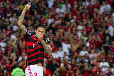Rio de Janeiro (RJ), 28 / 05 / 2024 Oyuncu Pedro, grup aşamaları için geçerli olan Flamengo x Milonarios arasında oynanan maçta golünü kutluyor. Libertadores da America 2024, Mario Filho Stadyumu 'nda yapıldı. 