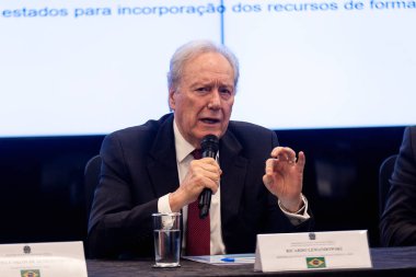 Brasilia (DF), Brezilya 05 / 27 / 2024 Adalet ve Kamu Güvenliği Bakanı Ricardo Lewandowski, Adalet Bakanlığı ve Kamu Güvenliği Bakanlığı sekreterleriyle yaptığı ulusal toplantıda 