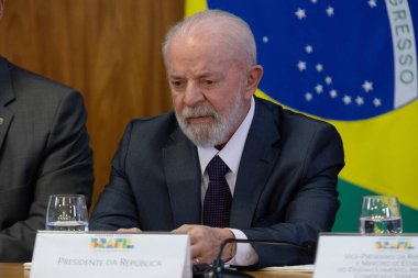 BRASILIA (DF) 05 / 29 / 2024 Cumhuriyet Başkanı Luis Inacio Lula da Silva, nüfusu desteklemek ve Rio Grande do Sul 'un yeniden inşasına yönelik yeni tedbirleri duyurmak üzere düzenlediği basın toplantısında