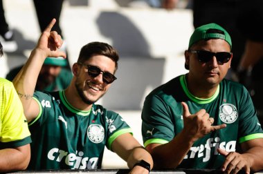 CRICIUMA, (SC), 06 / 02 / 2024 CRICIUMA / PALMEIRAS / BRAZILEIRO-Palmeiras taraftarları Criciuma ve Palmeiras arasında oynanan Brezilya Serisi A Şampiyonası 'nın yedinci turunda, bu 2 Haziran 2024' de Heriberto Hulse Stadyumu 'nda oynanan karşılaşma sırasında 