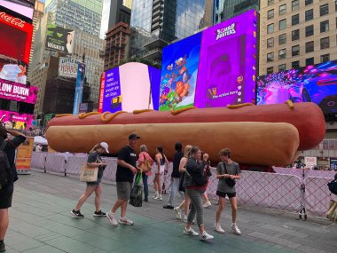 Hotdog in the City. June 12, 2024, New York, USA: An exhibition of hotdog right in the middle of Times Square titled 