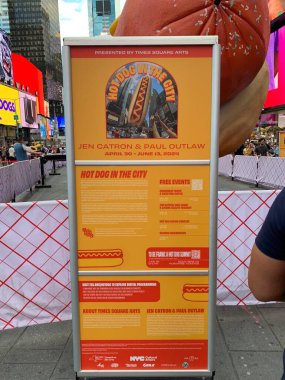 Hotdog in the City. June 12, 2024, New York, USA: An exhibition of hotdog right in the middle of Times Square titled 