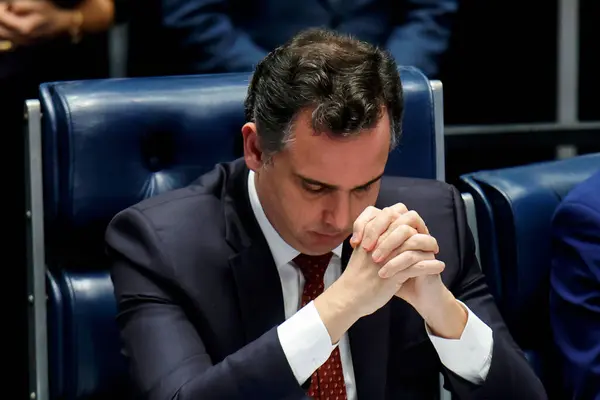 stock image BRASILIA (DF), 06.13.2024 - The President of the Federal Senate, Senator Rodrigo Pacheco, during a solemn session aimed at celebrating 150 years of the Court of Justice of the State of Minas Gerais in the Federal Senate in the city of Brasilia.